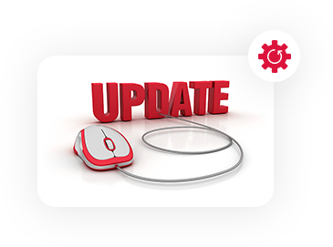 Red "Update" text with a computer mouse.