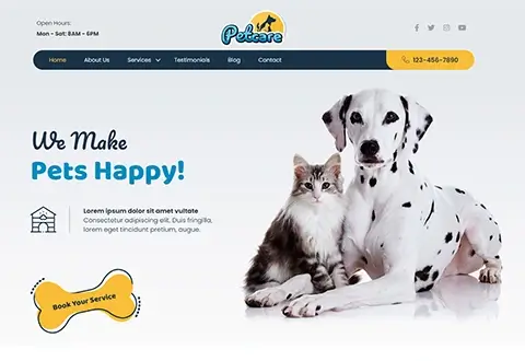 Dalmatian dog and cat on website for pet care.