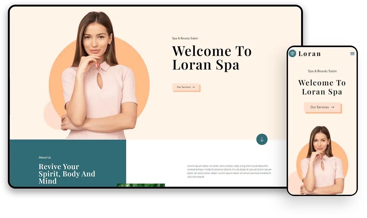 Loran Spa website with woman smiling.